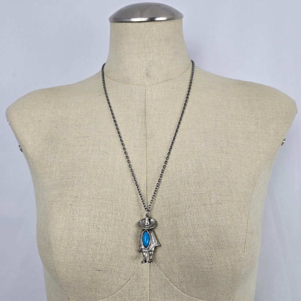 Vintage Style Turquoise Pendant Necklace Southwestern Figure Silver Tone Chain
